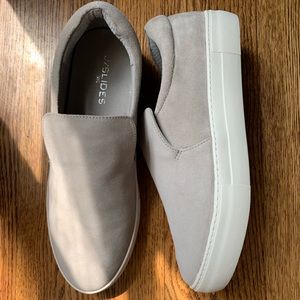J SLIDES light grey suede slip ons